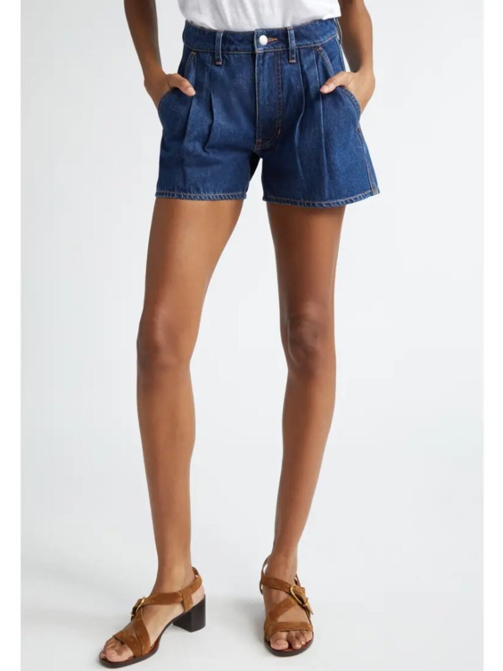 Veronica Beard 'Simpson' High-Rise Pleated Denim Shorts, Dusted Oxford
